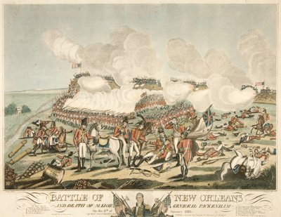 Schlacht von New Orleans und Tod von Generalmajor Packenham am 8. Januar 1815, veröffentlicht 1815 (kolorierte Gravur) von American School