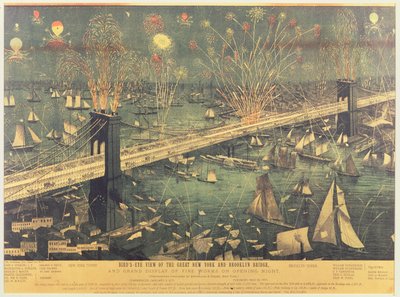 Vogelperspektive auf die Große New Yorker und Brooklyn-Brücke und das große Feuerwerk zur Eröffnungsnacht 1883 von American School