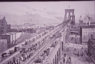 Brooklyn Bridge kurz nach der Eröffnungszeremonie, veröffentlicht am 26. Mai 1883 (Gravur) von American School