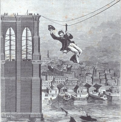 Brooklyn Bridge im Bau; Herr Farrington, Chefkonstrukteur, überquert als Erster die Spannweite zwischen den beiden Pylonen am 25. August 1876 (Gravur) von American School