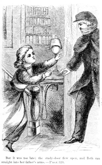 Aber es war zu spät: die Schublade des Arbeitszimmers flog auf, und Beth rannte direkt in die Arme ihres Vaters, 1868 von American School