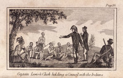 Kapitän Lewis & Clarke halten einen Rat mit den Indianern, veröffentlicht 1812 von American School