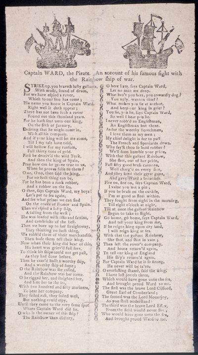 Kapitän Wards Kampf mit dem Kriegsschiff Rainbow, Flugblatt gedruckt 1775 von American School