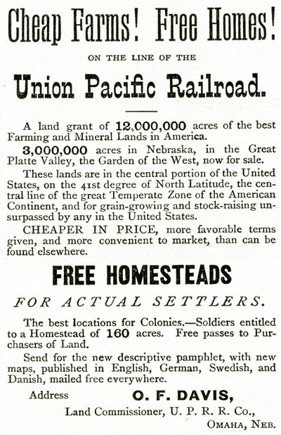 Günstige Farmen und freie Häuser an der Union Pacific Railroad Linie, Anzeige aus Appletons Journal, 4. Mai 1872 von American School