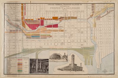 Chicago Terminal Transfer Railroad Co. Karte, die das Eigentum der Eisenbahnen im Geschäftszentrum von Chicago zeigt, ca. 1898 von American School