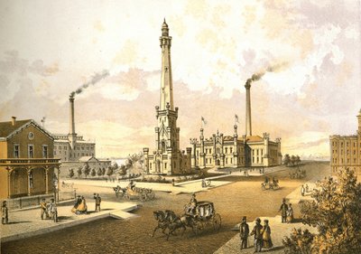 Chicago Wasserwerke, aus Chicago Illustrated, mit literarischen Beschreibungen von James W. Sheahan, veröffentlicht von Jevne & Almini, Chicago, 1866-67 von American School