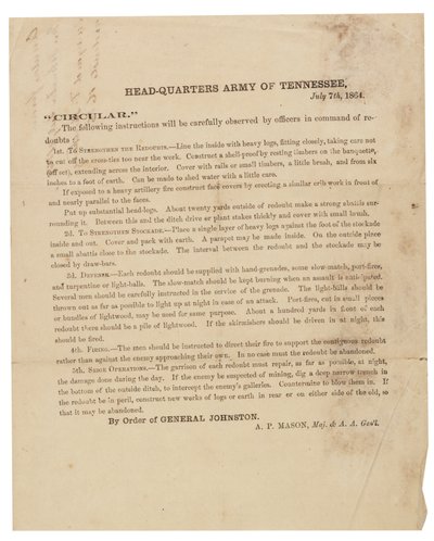 Rundschreiben zur Konstruktion und Befestigung von Schanzen, die von der Armee von Tennessee verwendet werden, 7. Juli 1864 von American School