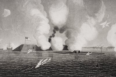 Kampf zwischen der konföderierten CSS Virginia (links) und der Union USS Monitor (rechts) am 9. März 1862 in Hampton Roads, Virginia (Detail) von American School