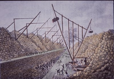 Baukräne in der Nähe von Lockport, Erie-Kanal (farbiger Stich) von American School