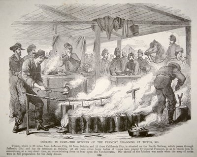 Kochen im Lager - Die Küche der Fremont-Dragoner in Tipton, Missouri (Gravur) von American School