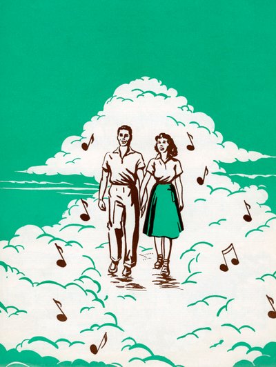 Paar geht in Wolken, umgeben von Musiknoten von American School
