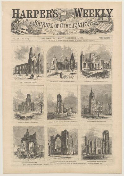 Titelblatt von Harpers Weekly mit Szenen der zerstörten Kirchen von Chicago, 11. November 1871 von American School