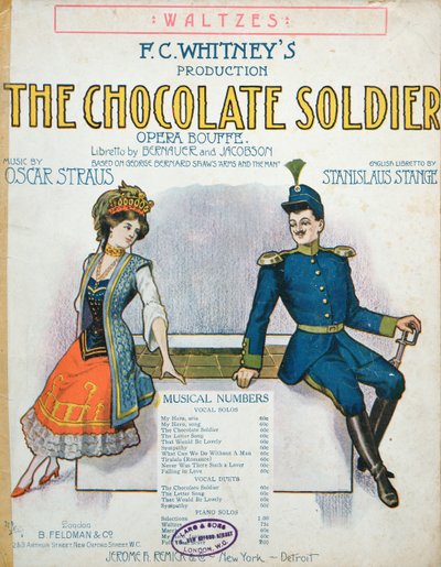 Titelblatt der Partitur von Der tapfere Soldat, Operette von Oscar Straus, veröffentlicht in New York, ca. 1910 von American School