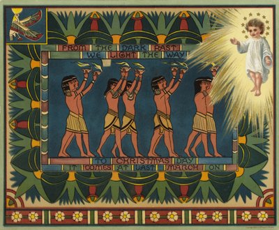 Weihnachtskarte im ägyptischen Stil, die zeigt, wie die Vergangenheit zu Jesus Christus führte von American School