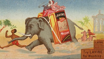 Elefant rennt mit einer Kiste Waschseife von American School