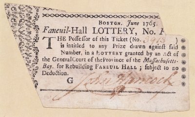 Faneuil-Hall Lotterielos, signiert von John Hancock (1737-93) 1765 von American School