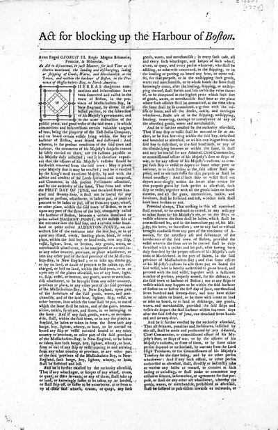 Erste Seite eines Flugblatts, das das Gesetz zur Blockierung des Hafens von Boston umreißt, 1774 von American School