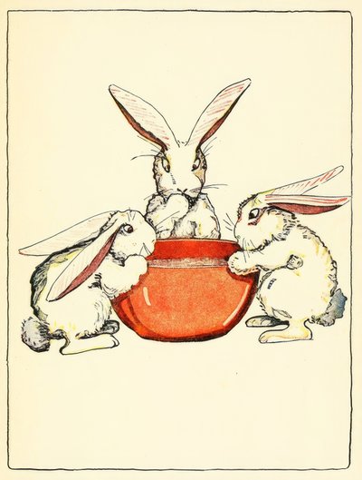 Flopsy, Mopsy und Cotton-Tail hatten Brot und Milch und Brombeeren zum Abendessen von American School