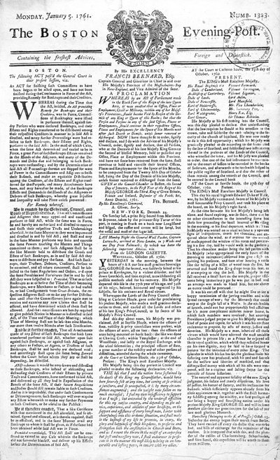 Titelseite der Boston Evening Post, die den Tod von König George II. (1683-1760) ankündigt, 5. Januar 1761 von American School