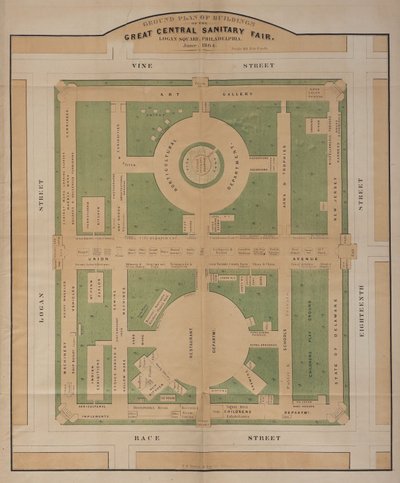 Grundriss der Gebäude der Great Central Sanitary Fair, Logan Square, Juni 1864 (Farblithographie) von American School