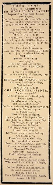 Flugblatt zum Freispruch von Captain Preston und sechs Soldaten nach ihrem Prozess im Oktober 1771 von American School
