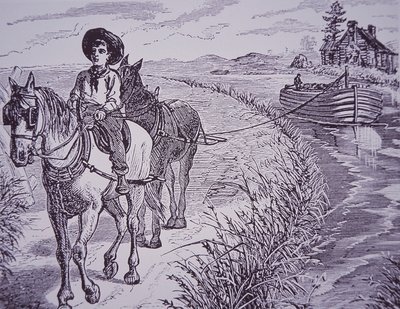 Pferde ziehen Kanalboot auf Treidelpfad, Erie-Kanal (Stich) von American School