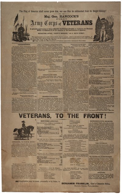 Illustriertes Philadelphia-Rekrutierungsplakat für Major General Hancocks Erste Armeekorps der Veteranen, einschließlich Union Mann und Frau, Februar 1865 von American School