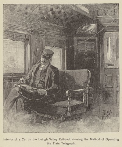 Innenraum eines Wagens der Lehigh Valley Railroad, zeigt die Methode des Zugtelegraphenbetriebs (Stich) von American School