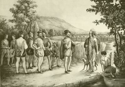 Jacques Cartier, sein erstes Treffen mit den Indianern in Hochelaga, dem heutigen Montreal, 1535, ca. 1850 von American School