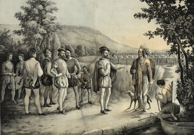 Jacques Cartier, sein erstes Treffen mit den Indianern in Hochelaga, dem heutigen Montreal, 1535, ca. 1850 von American School