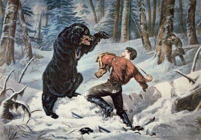 Jedediah Smith (1799-1831) wird von einem Grizzlybären angegriffen, ca. 1861 (Farblithografie) von American School