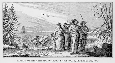 Landung der Pilgerväter in Plymouth auf Cape Cod, Massachusetts, 22. Dezember 1620, gedruckt in History and Antiquity of New England, New York... 1842 von American School