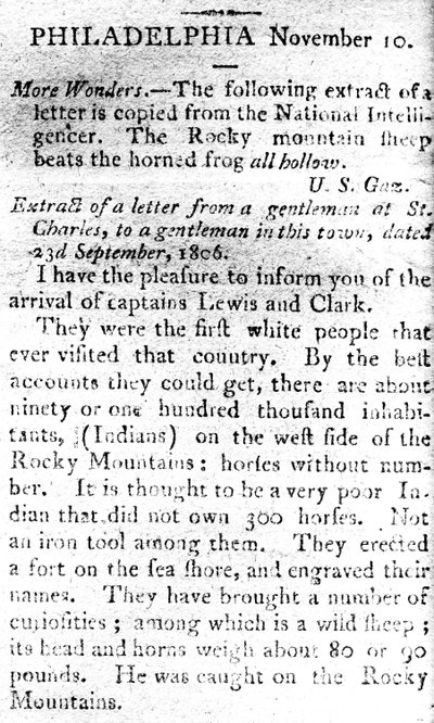 Brief, der die Ankunft der Kapitäne Lewis und Clark ankündigt, aus dem Boston Intelligencer, 19. November 1806 von American School