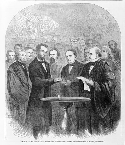 Lincoln legt den Eid bei seiner zweiten Amtseinführung ab, 4. März 1865, veröffentlicht 1865 von American School