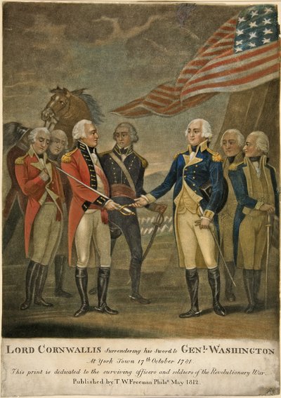 Lord Cornwallis übergibt sein Schwert an General Washington in Yorktown von American School