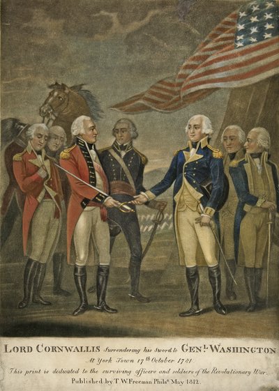 Lord Cornwallis übergibt sein Schwert an General Washington in Yorktown von American School