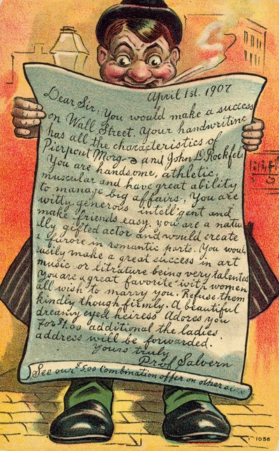 Mann liest einen schmeichelhaften Brief über seine Karrierechancen (Farblithografie) von American School