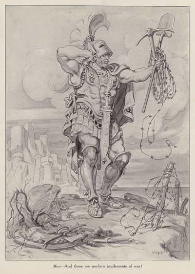 Mars, der römische Kriegsgott, hält Schaufeln und Stacheldraht, die im Grabenkrieg verwendet werden von American School