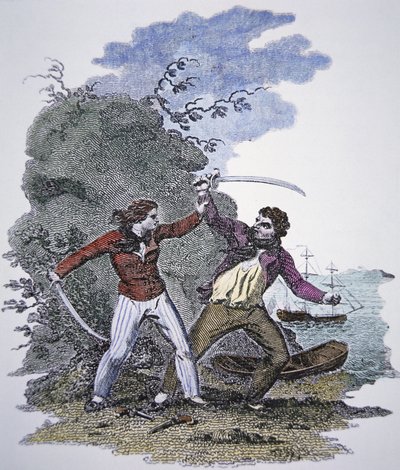 Mary Read kämpft gegen einen anderen Piraten, um das Leben ihres männlichen Liebhabers zu retten von American School