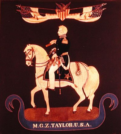 Stickbild, das Generalmajor Zachary Taylor zu Pferd zeigt, ca. 1846-55 von American School