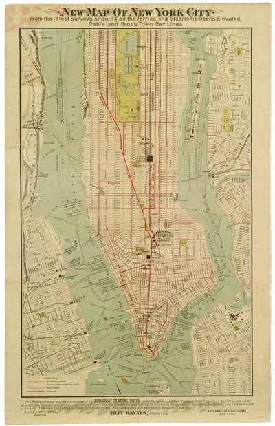 Neue Karte von New York City aus den neuesten Erhebungen, die alle Fähren und Dampfschiffdocks, Hochbahnen, U-Bahnen und Querstraßenbahnlinien zeigt. von American School