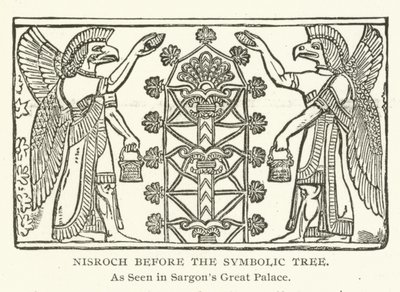 Nisroch vor dem symbolischen Baum, wie im Großen Palast von Sargon zu sehen von American School
