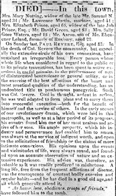 Nachrufseite aus dem Boston Intelligencer, 16. Mai 1818 von American School