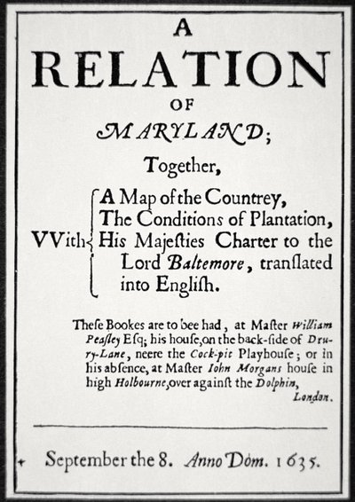 Pamphlet über die Kolonie Maryland, herausgegeben vom zweiten Lord Baltimore von American School