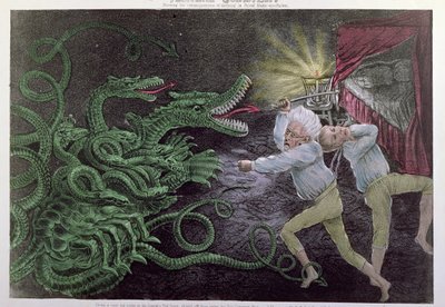 Politischer Quixotismus: Der diplomatische Herkules greift die politische Hydra an, veröffentlicht von Bisbee, ca. 1833 von American School