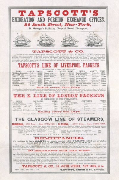 Plakat, das Tapscotts Emigration and Foreign Exchange Offices, New York, Januar 1859 bewirbt von American School