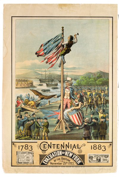 Plakat, das das Hundertjährige Jubiläum der Evakuierung von New York durch die Briten am 25. November 1783 bewirbt, 1883 von American School