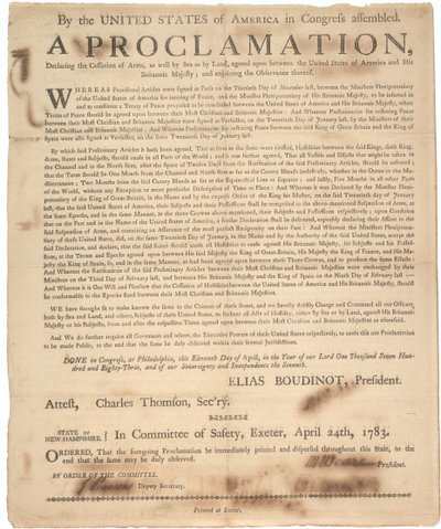 Proklamation des Kongresses zur Erklärung des Waffenstillstands und des Kriegsendes, 24. April 1783 von American School