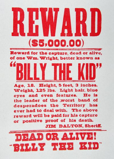 Steckbrief für Billy the Kid (1859-81) von American School
