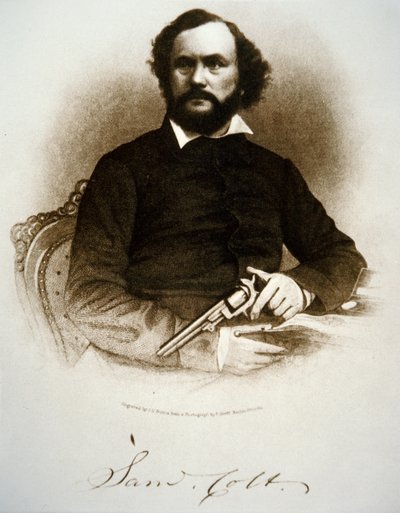 Samuel Colt hält einen seiner Perkussionsrevolver von American School